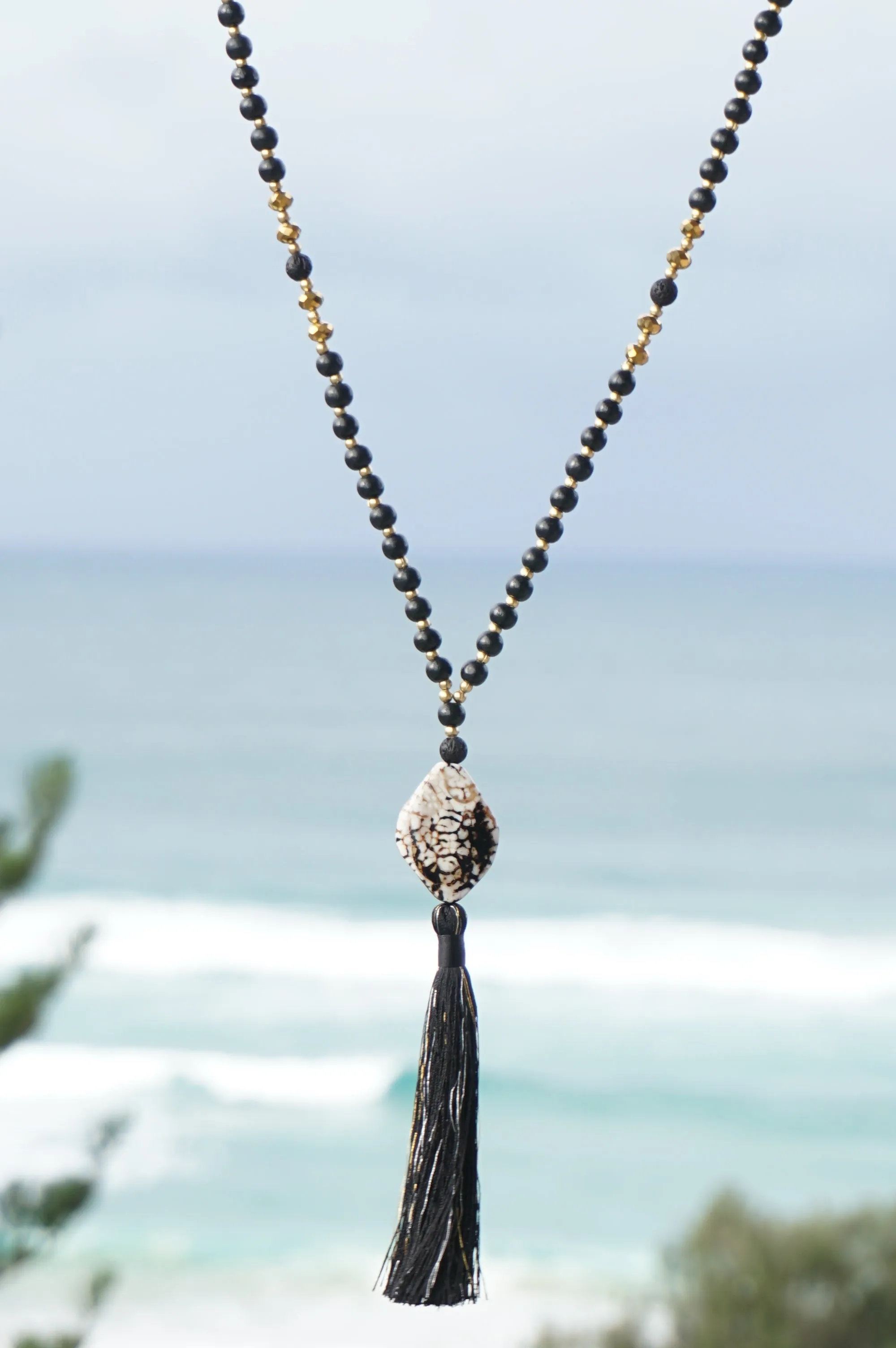 Black and Gold Brown Stone Pendant Tassel Necklace