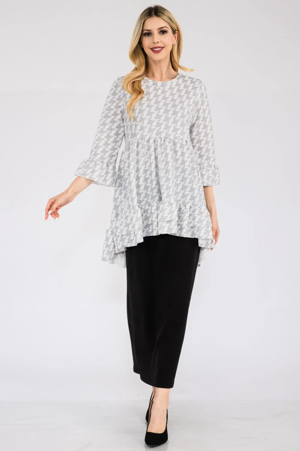 Celeste Full Size Houndstooth Flounce Sleeve High-Low Top