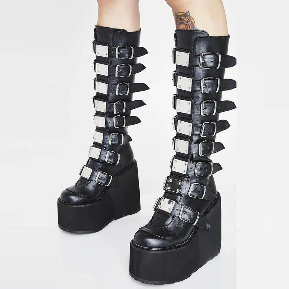 Cross-Border New Arrival Martin Boots  Autumn and Winter Metal Buckle with Platform 11cm High Heel plus Size Women's Boots