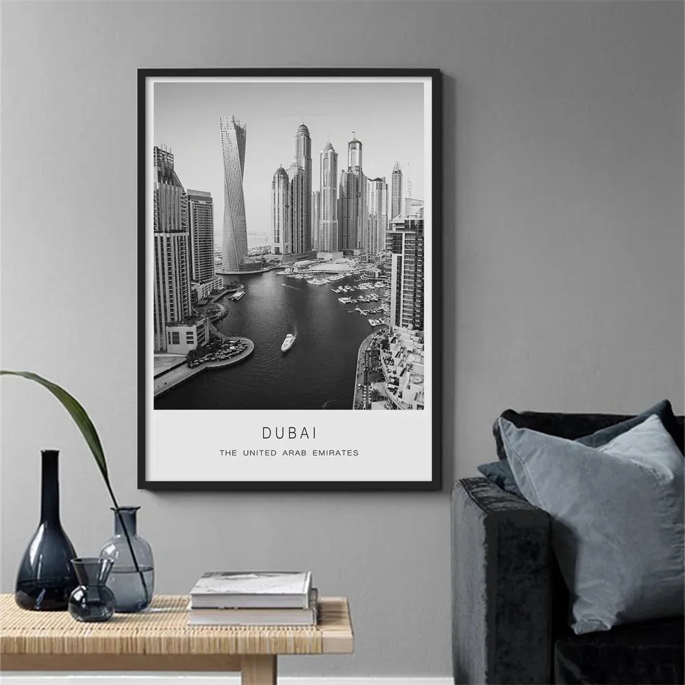 Dubai Skyline Poster International Travel Wall Art Fine Art Canvas Prints Black White Pictures For Living Room Dining Room Home Office Art Decor