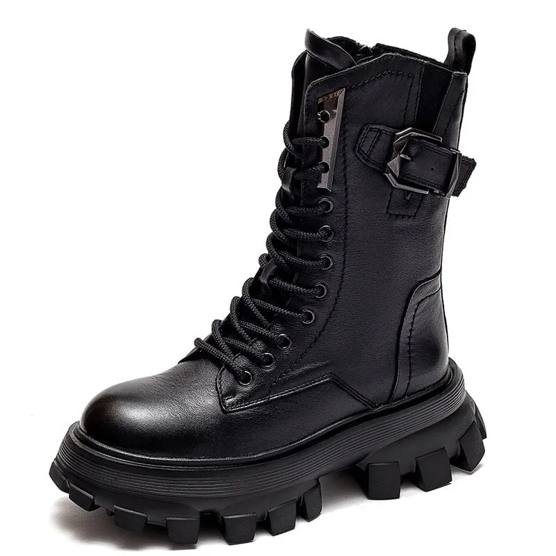 Lace-Up Combat Boots Women Biker Boots Retro Short Boots Handmade Genuine Leather Martin Boots