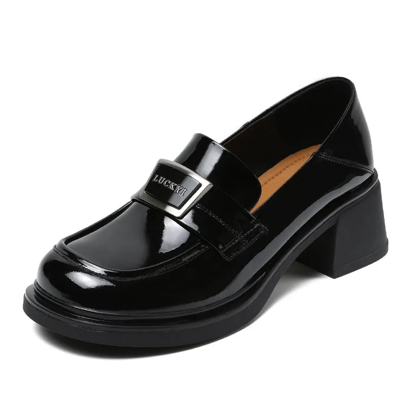 Women Glossy Leather Casual Chunky Heel Loafers