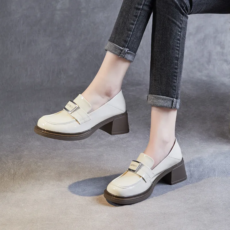 Women Glossy Leather Casual Chunky Heel Loafers